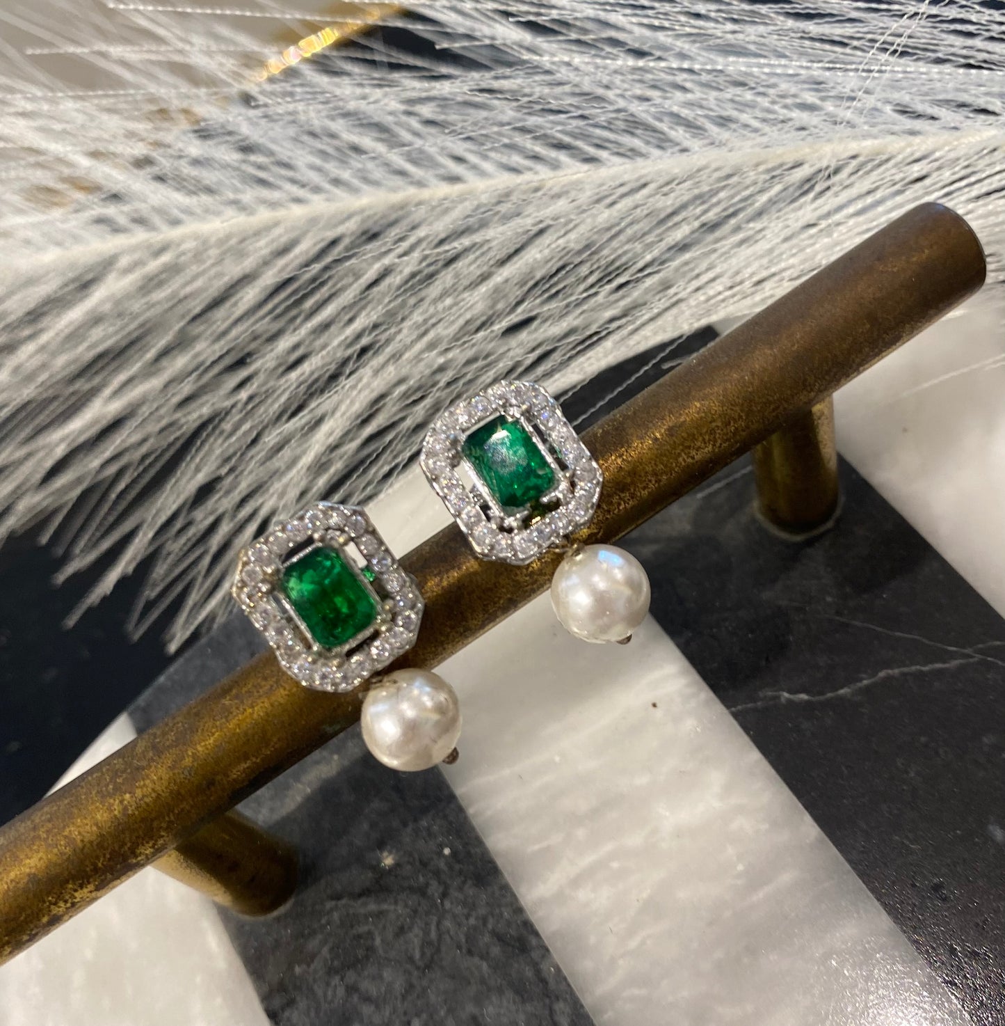Emerald pearl sterling silver earrings