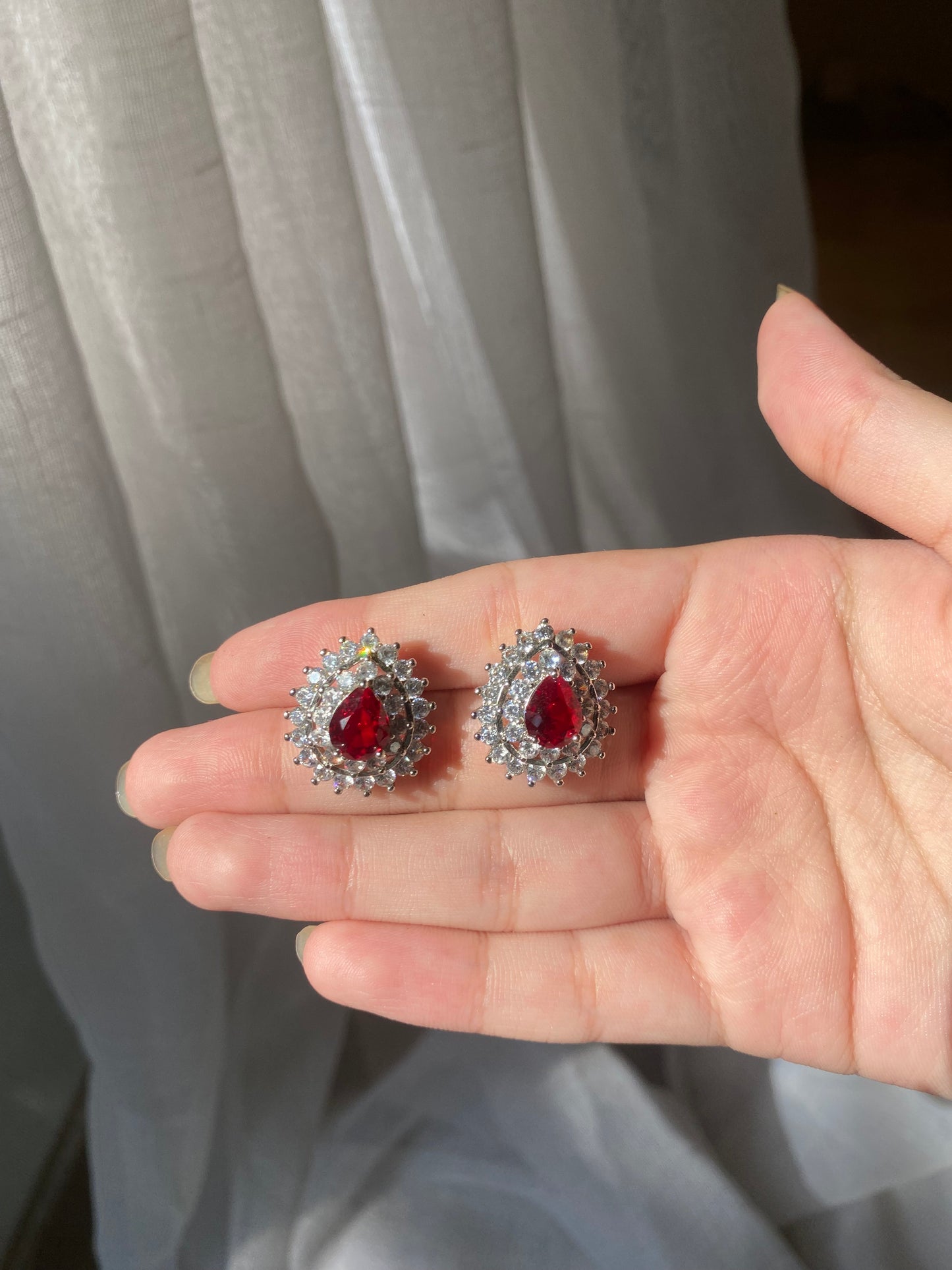 Red Teardrop Silver Studs