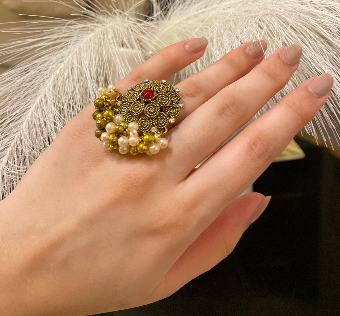 Rani Adjustable size Rings with coloured crystals and Pearl Jumar