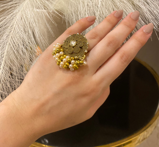 Rani Adjustable size Rings with coloured crystals and Pearl Jumar