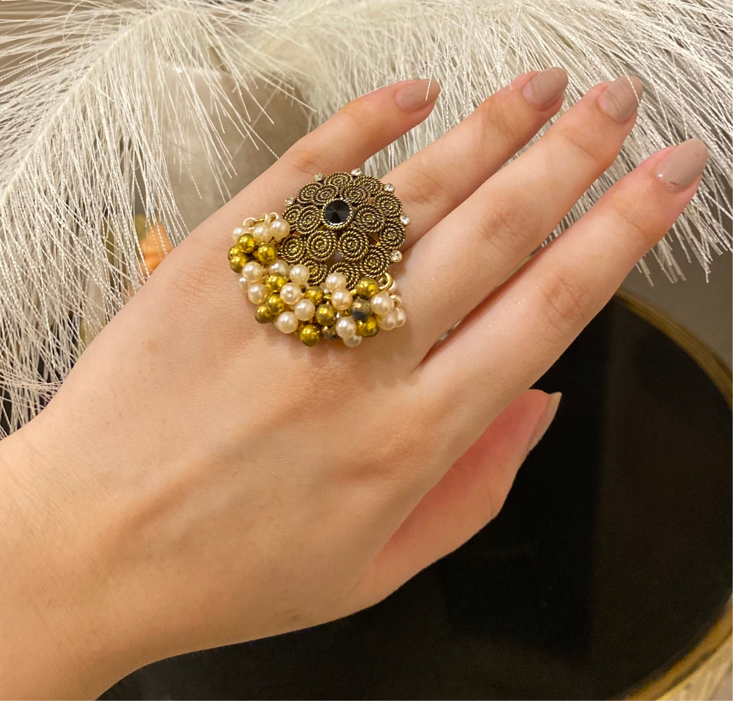 Rani Adjustable size Rings with coloured crystals and Pearl Jumar