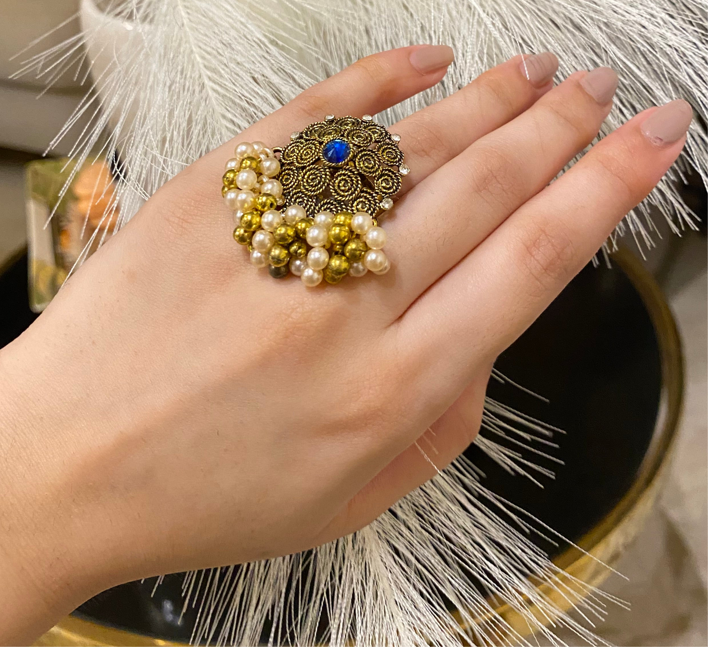 Rani Adjustable size Rings with coloured crystals and Pearl Jumar