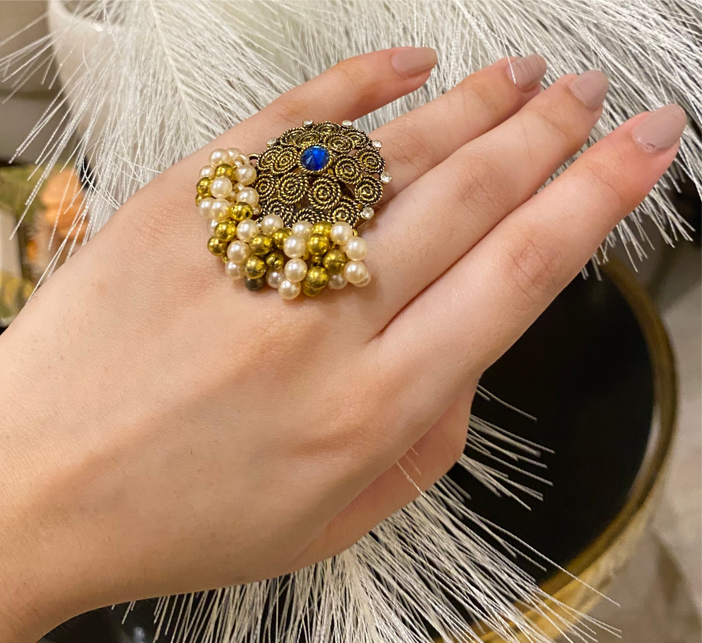 Rani Adjustable size Rings with coloured crystals and Pearl Jumar