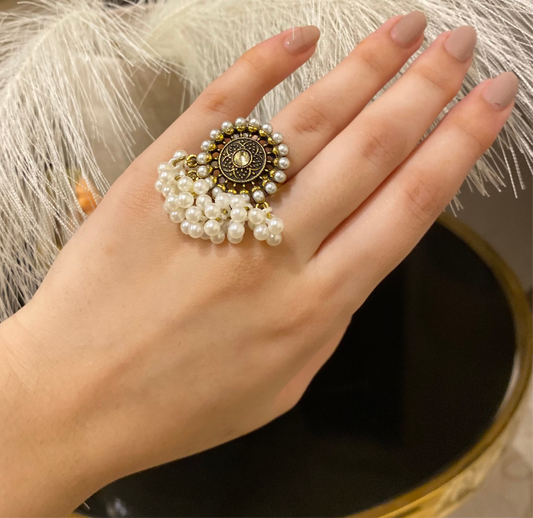 Gold adjustable desi ring with pearl embellishments