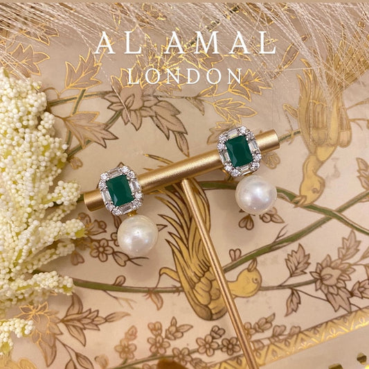 PURE SILVER EMERALD WITH PEARL DROP