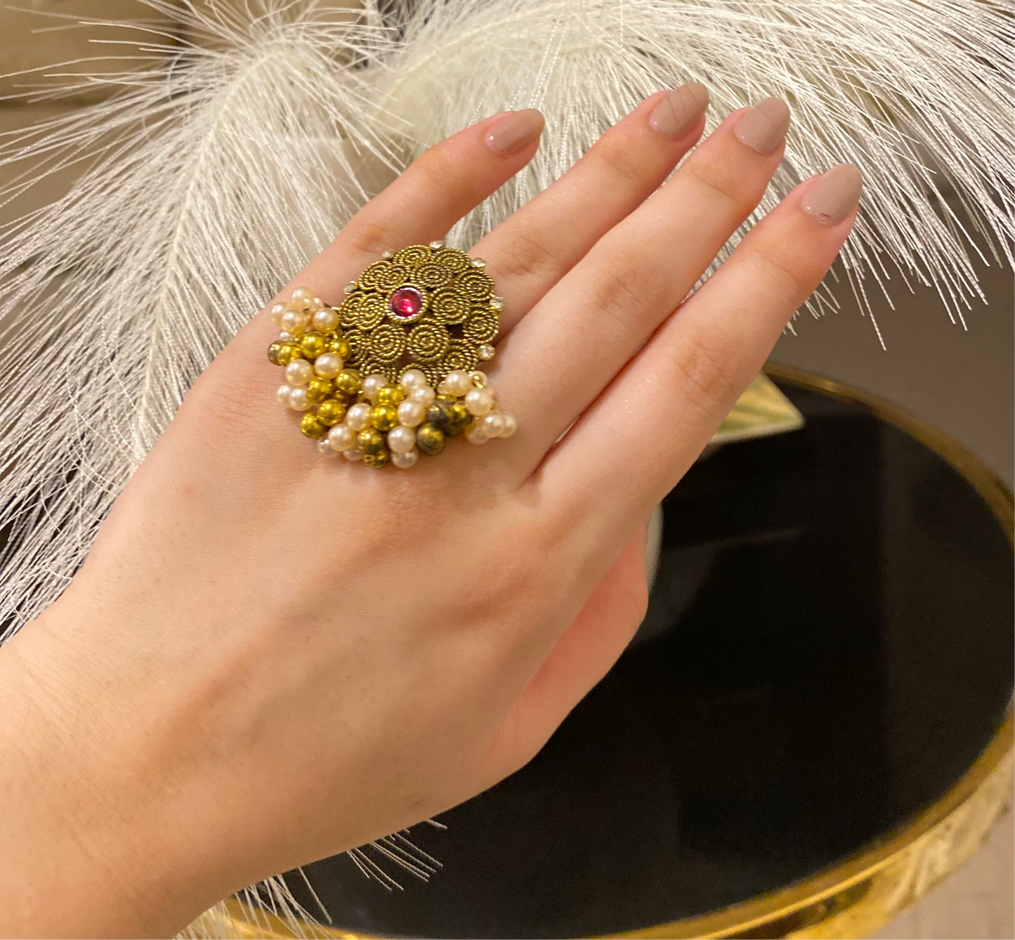Rani Adjustable size Rings with coloured crystals and Pearl Jumar