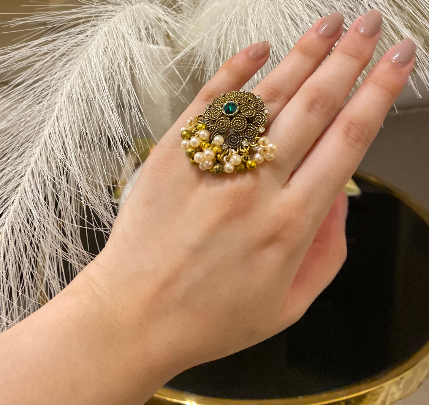 Rani Adjustable size Rings with coloured crystals and Pearl Jumar